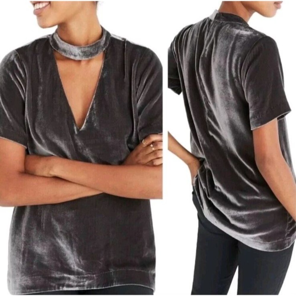 Madewell Crushed Velvet Choker Keyhole Short Sleeve Top Grunge Sz M